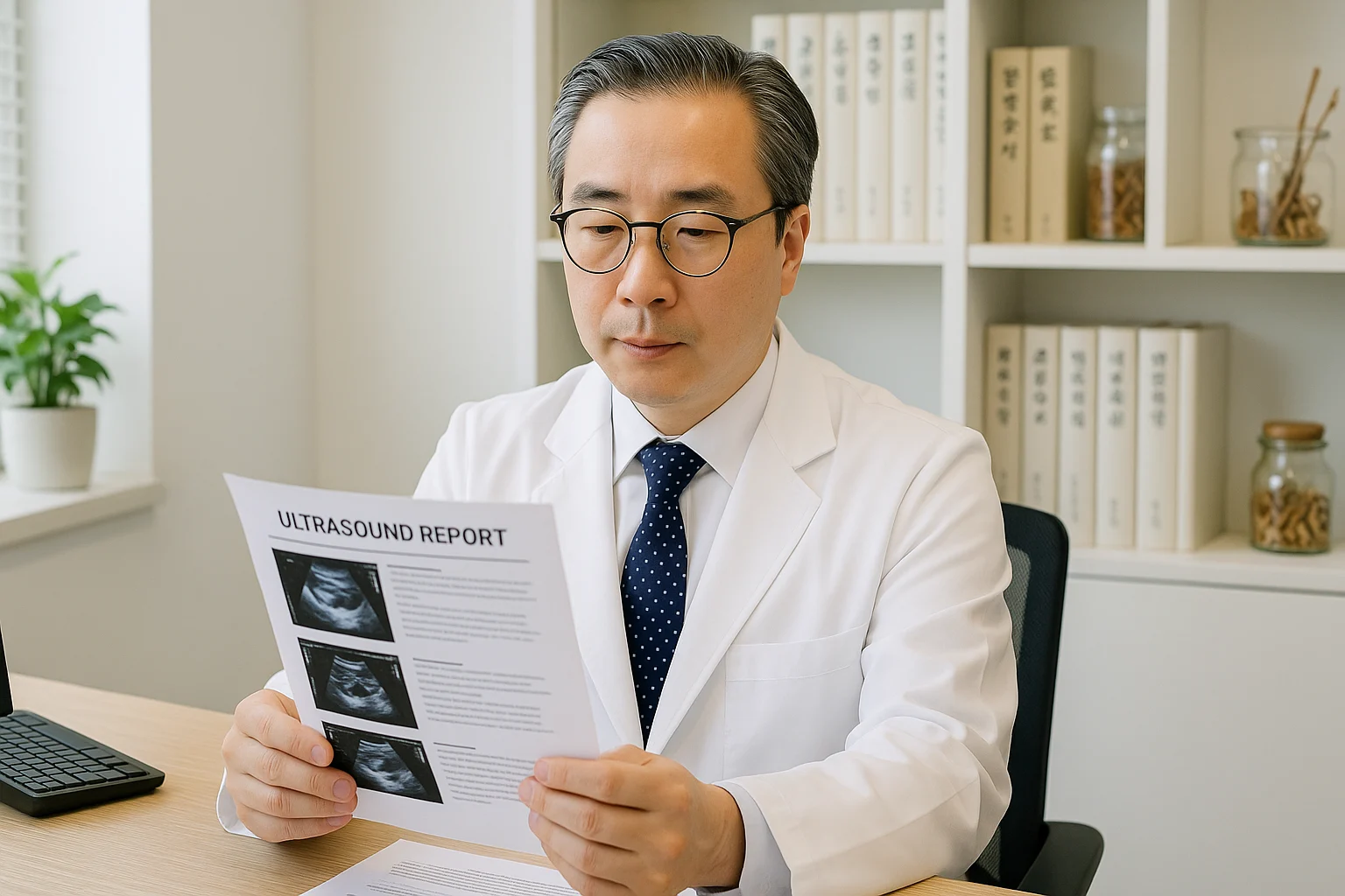 박석민 원장이 진료실에서 초음파 검사 결과지를 읽고 있는 장면