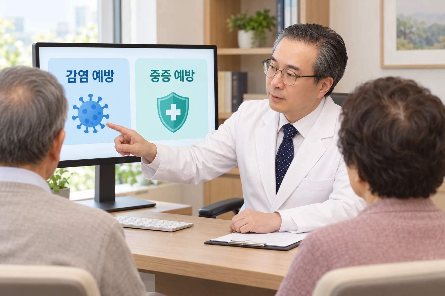 의사가 고령의 부부에게 모니터로 감염 예방과 중증 예방의 차이를 설명하는 장면