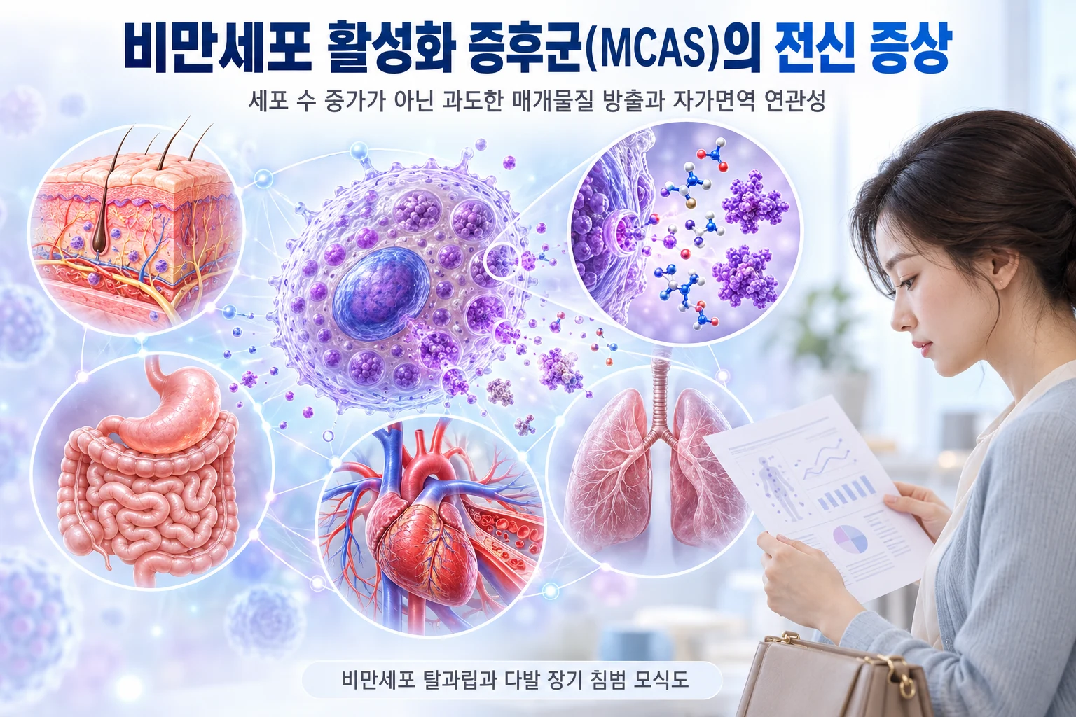 비만세포 활성화 증후군(MCAS)의 전신 다발 장기 침범 양상과 과민 반응 모식도를 요약한 대표 인포그래픽