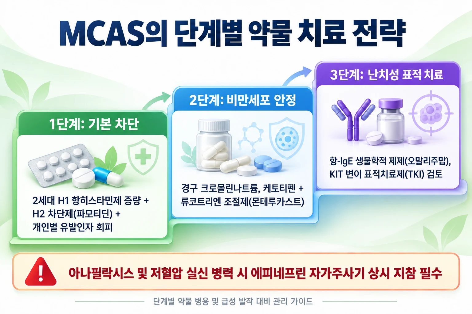 MCAS 환자의 단계별 약물 치료 및 생활 속 유발 인자 관리 흐름도