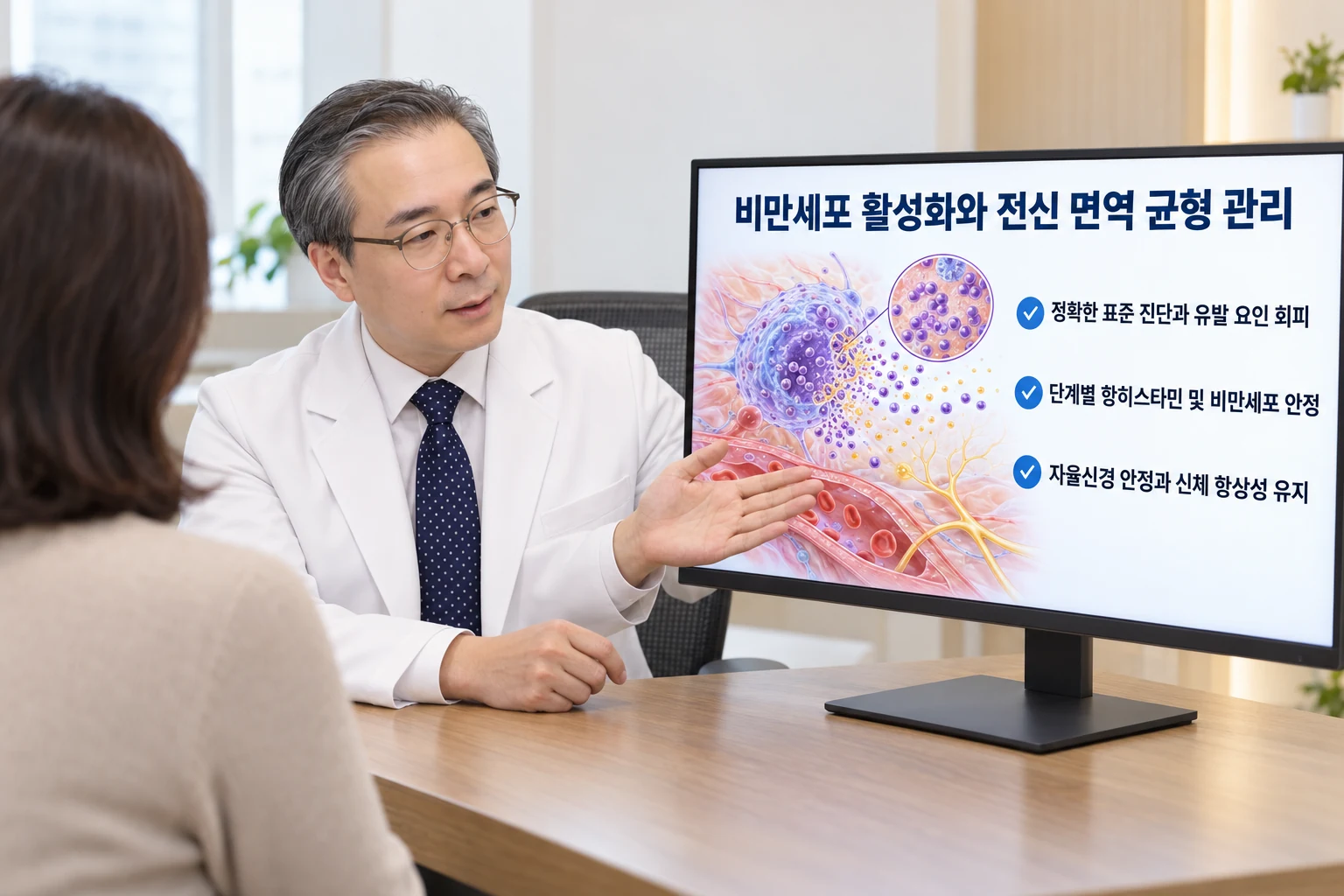 비만세포 활성화와 전신 신경·면역계 관리를 환자에게 설명하는 진료 상담 장면