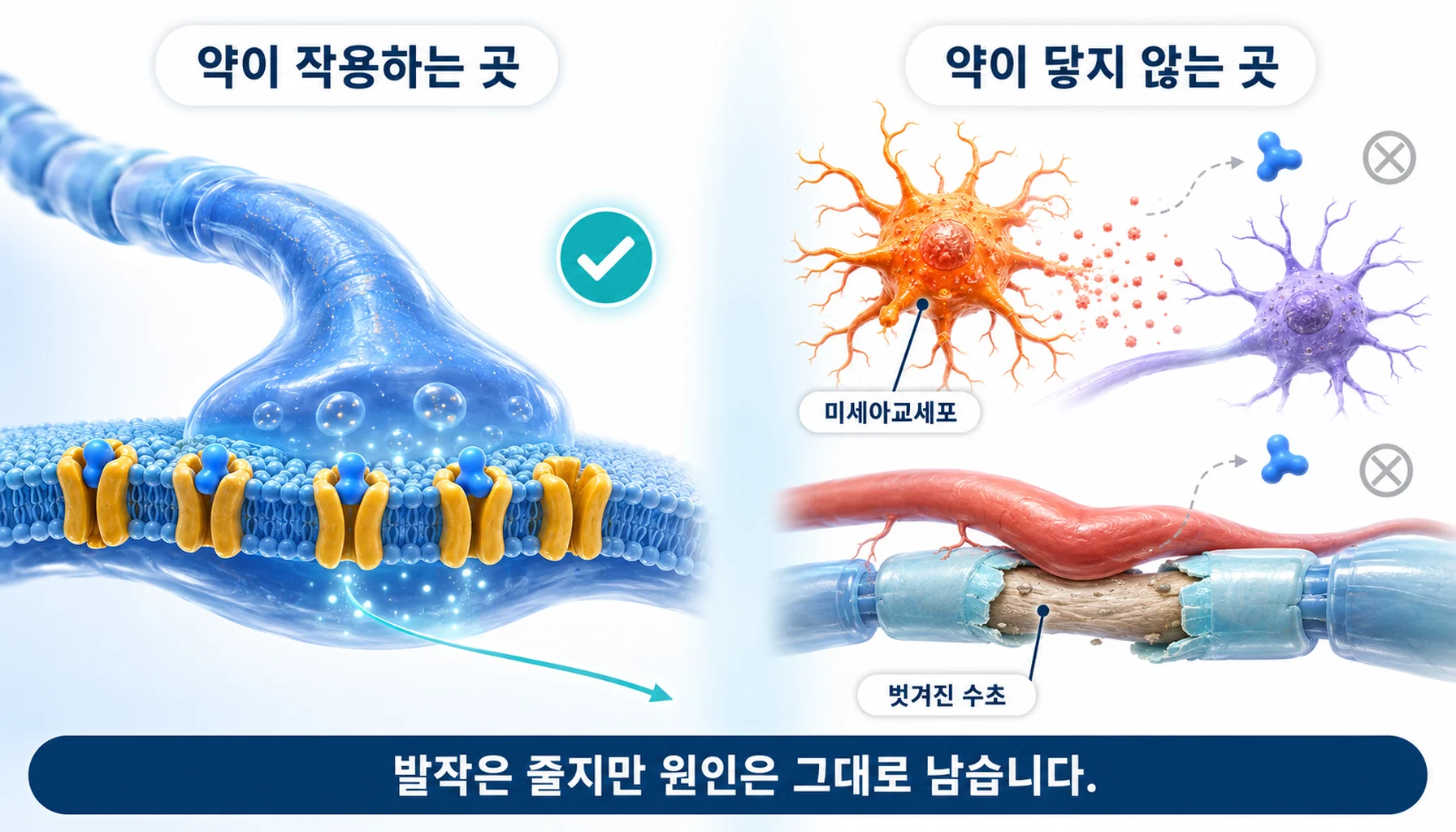 항경련제의 작용 지점과 중추감작·미세아교세포 영역의 구분
