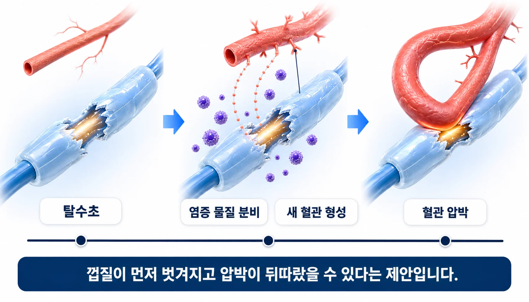 탈수초와 염증세포 축적으로 인접 혈관이 길어지고 신경 압박이 만들어지는 3단계 도식