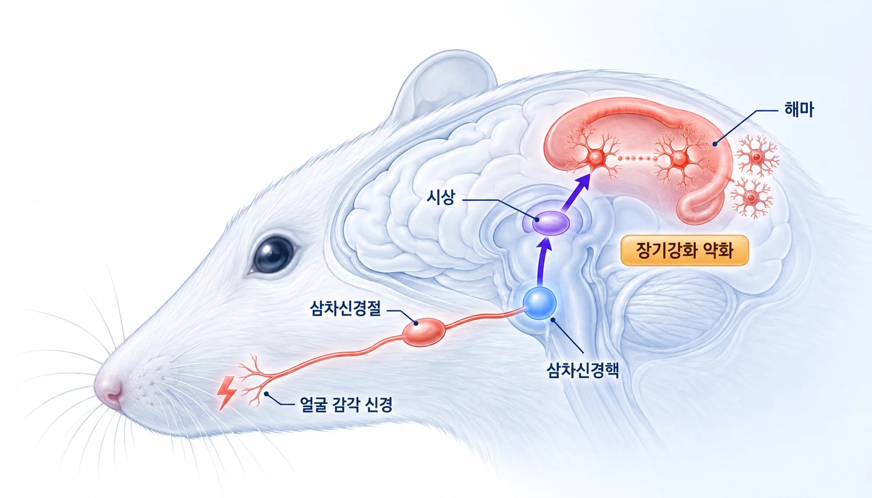 얼굴 통증 신호가 삼차신경절과 삼차신경핵을 거쳐 해마까지 올라가 장기강화가 약해지는 경로
