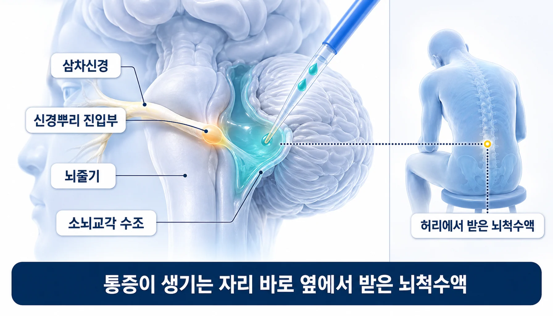 삼차신경이 뇌줄기로 들어가는 진입부와 소뇌교각 수조에서 뇌척수액을 채취하는 위치를 보여 주는 해부 모식도