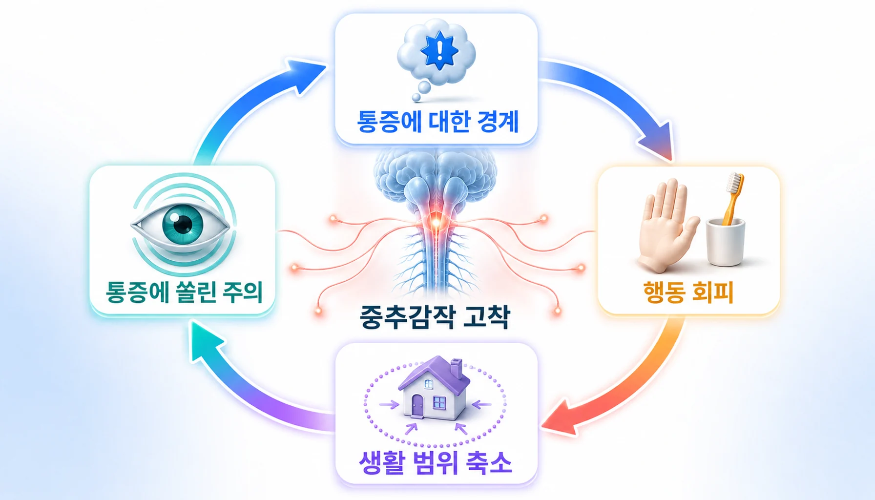 통증 파국화가 회피 행동과 생활 범위 축소를 거쳐 중추감작을 굳히는 순환 구조 도해