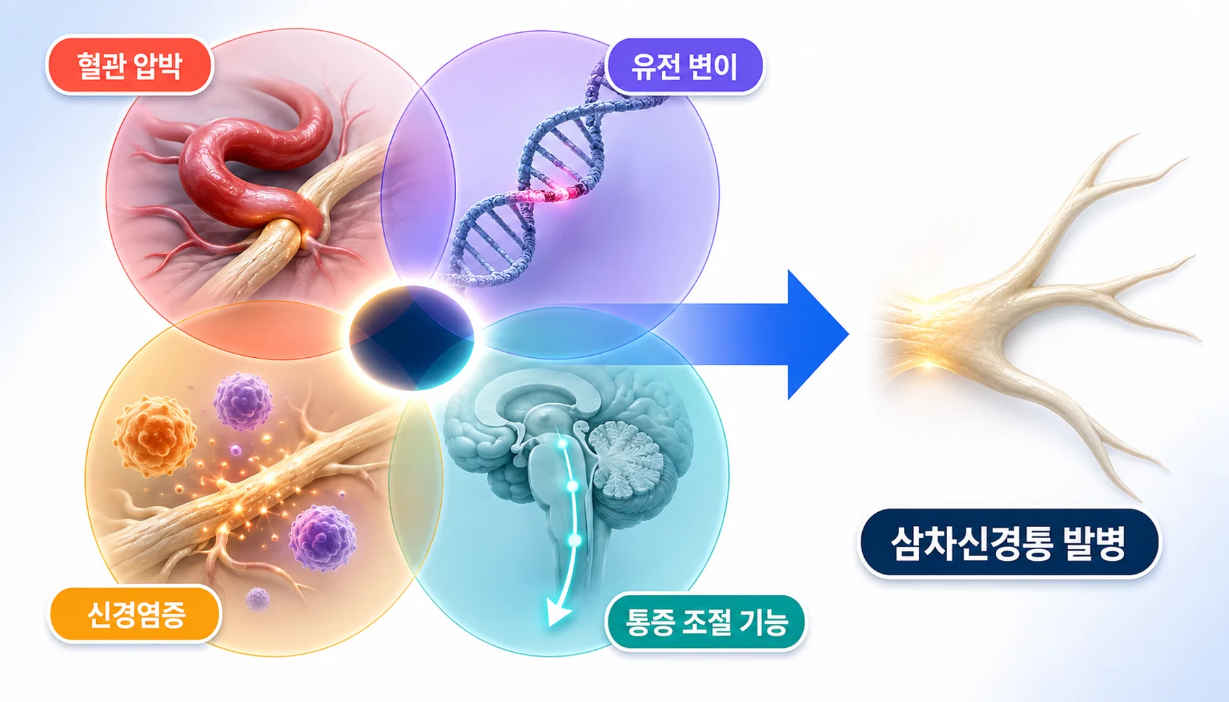 혈관 압박·유전 변이·신경염증·통증 조절 기능이 겹쳐 발병에 이르는 다중 타격 모형 도해