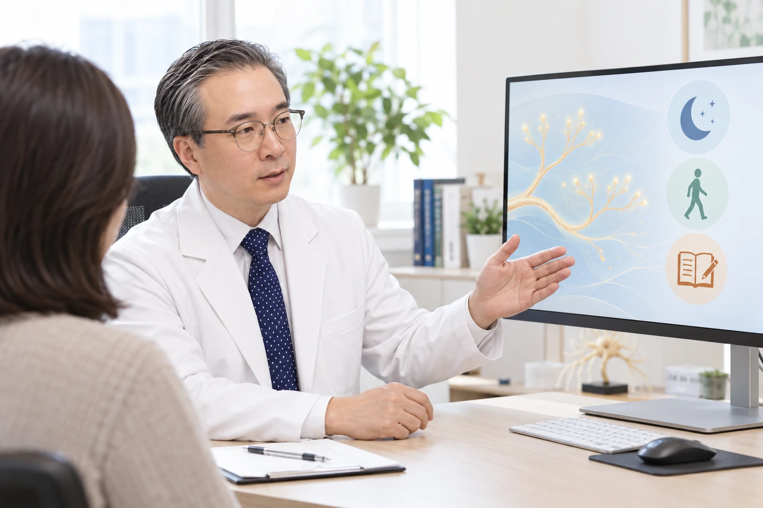 박석민 원장이 모니터의 신경과 수면·활동 기록 그림을 보며 환자에게 치료 목표를 설명하는 장면