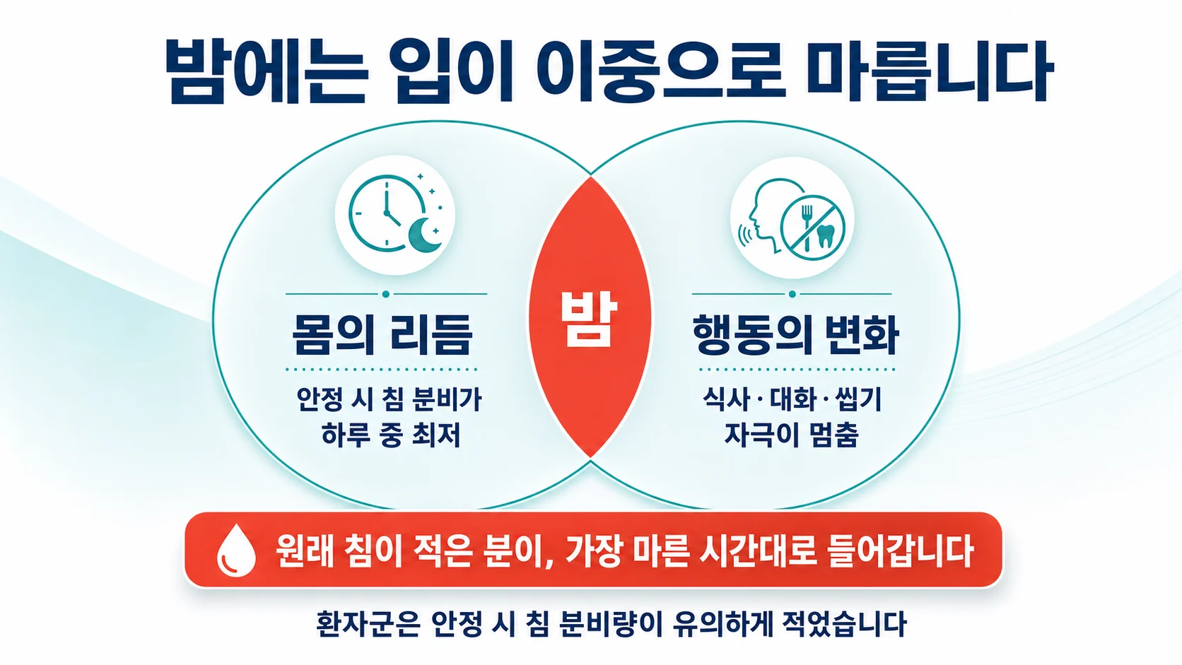 밤에 침 분비 리듬이 최저가 되고 씹기 자극도 사라지는 이중 건조 도해