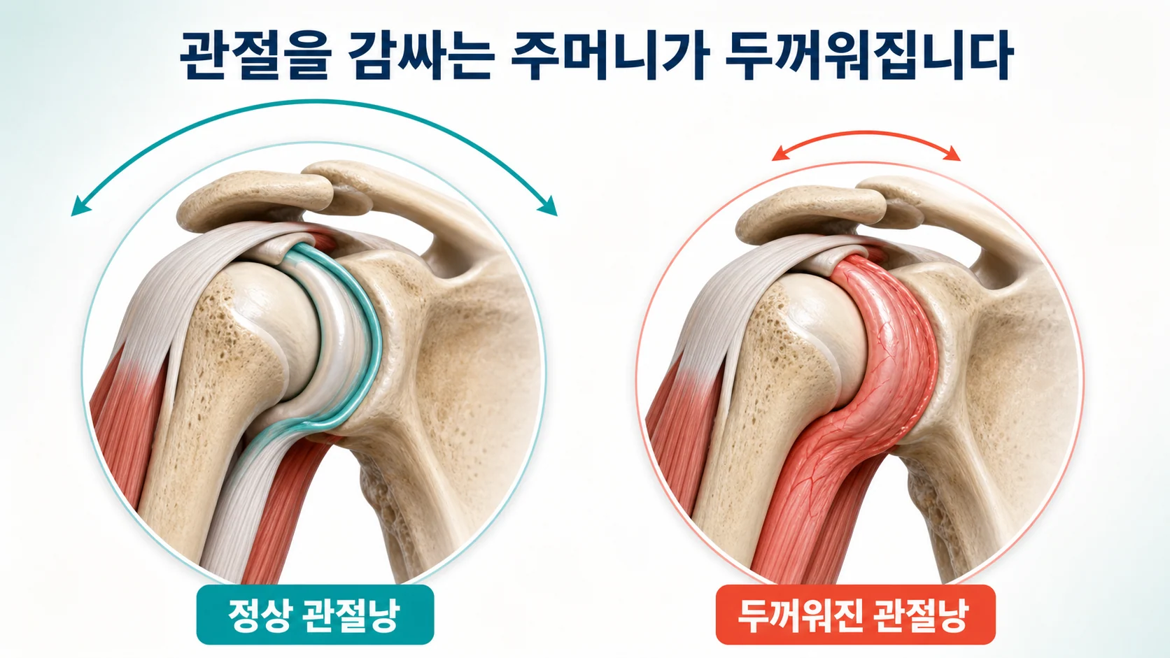 어깨 관절을 감싸는 관절낭에 염증이 생겨 두꺼워지고 굳는 과정을 나타낸 도식