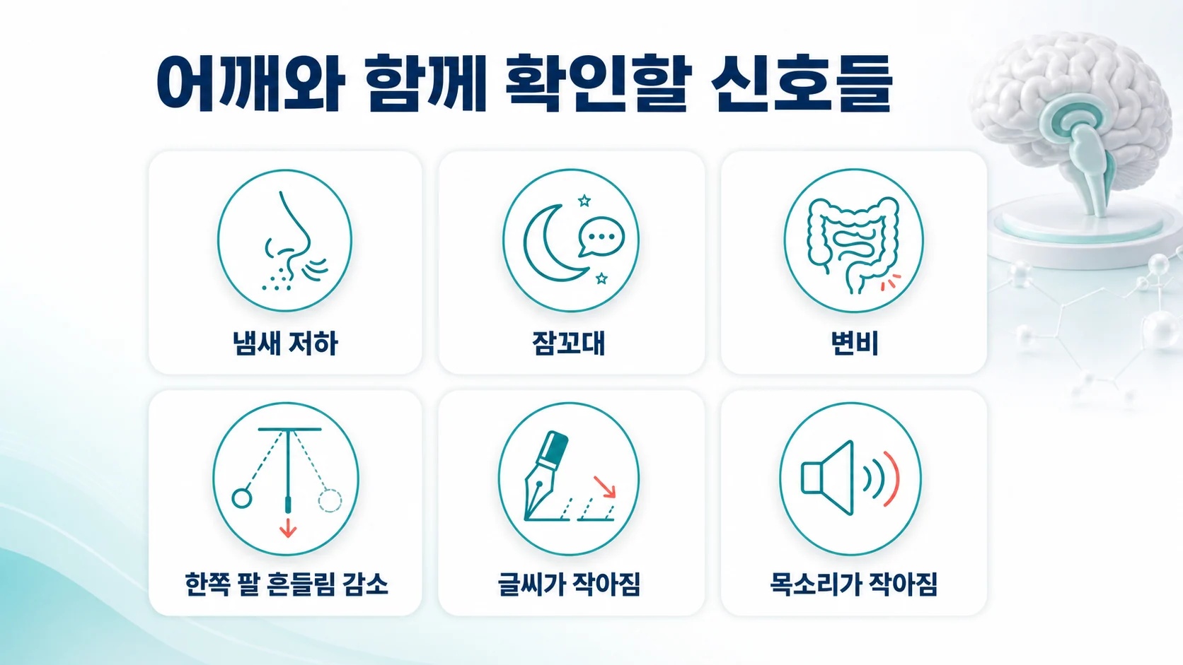 어깨 굳음과 함께 확인해야 할 파킨슨병 전구 신호를 정리한 안내 이미지