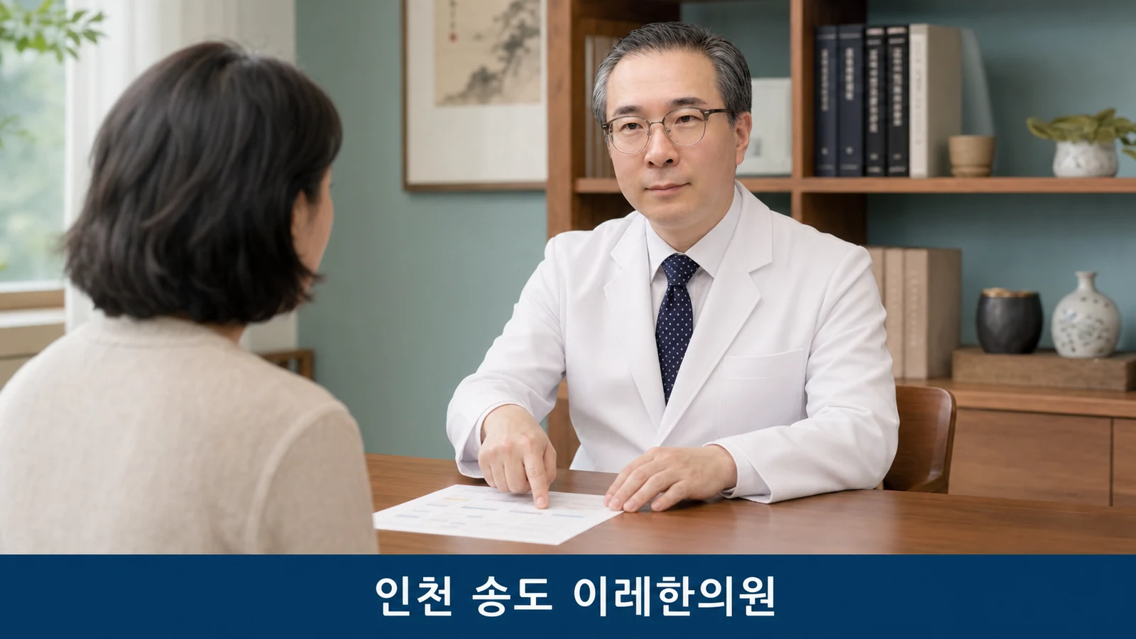 진료실에서 검사 기록을 놓고 환자와 상담하는 한의사의 모습