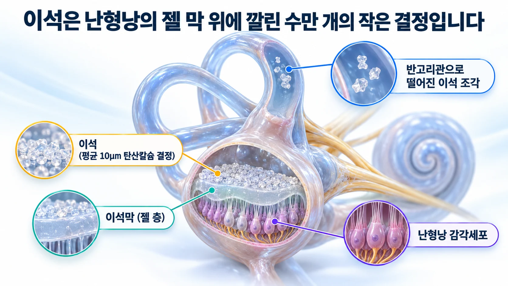 난형낭의 젤 막 위에 깔린 이석 결정과 반고리관으로 떨어진 이석 조각을 보여 주는 내이 3D 그림