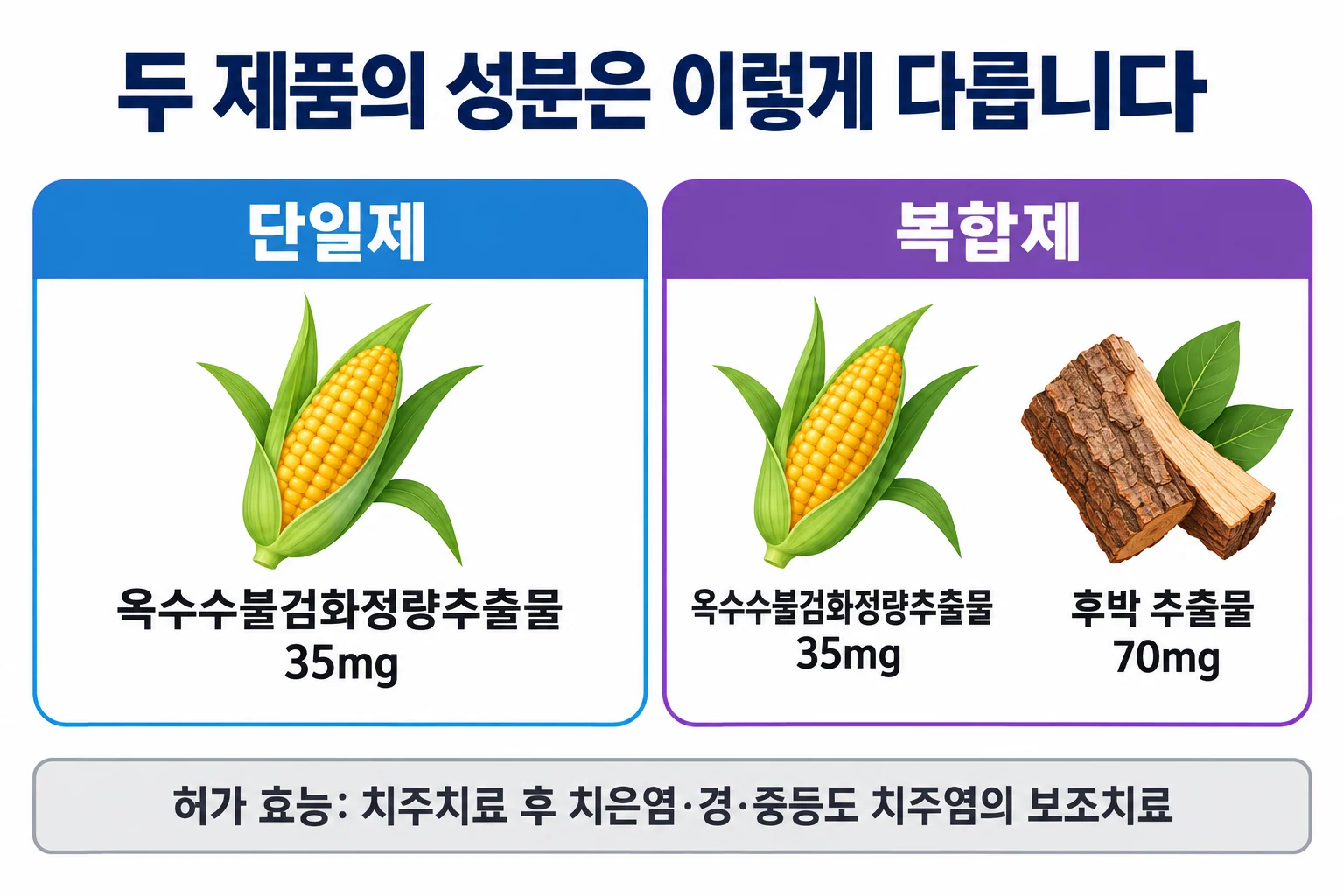 단일제는 옥수수불검화정량추출물 35mg, 복합제는 여기에 후박 추출물 70mg을 더했고 허가 효능은 치주치료 후 보조치료라는 점을 비교한 그림