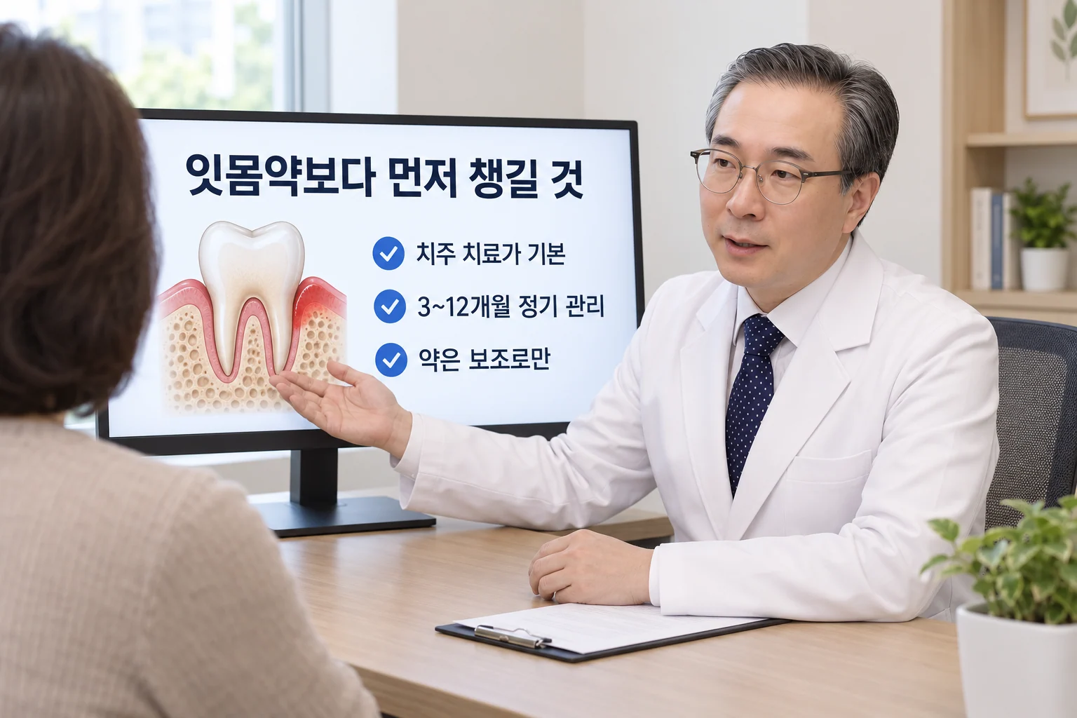 한의사가 진료실 책상 위 32인치 모니터에 치아와 잇몸 단면 그림을 띄워 놓고 치주 치료가 기본, 3～12개월 정기 관리, 약은 보조로만이라는 내용을 환자에게 설명하는 장면