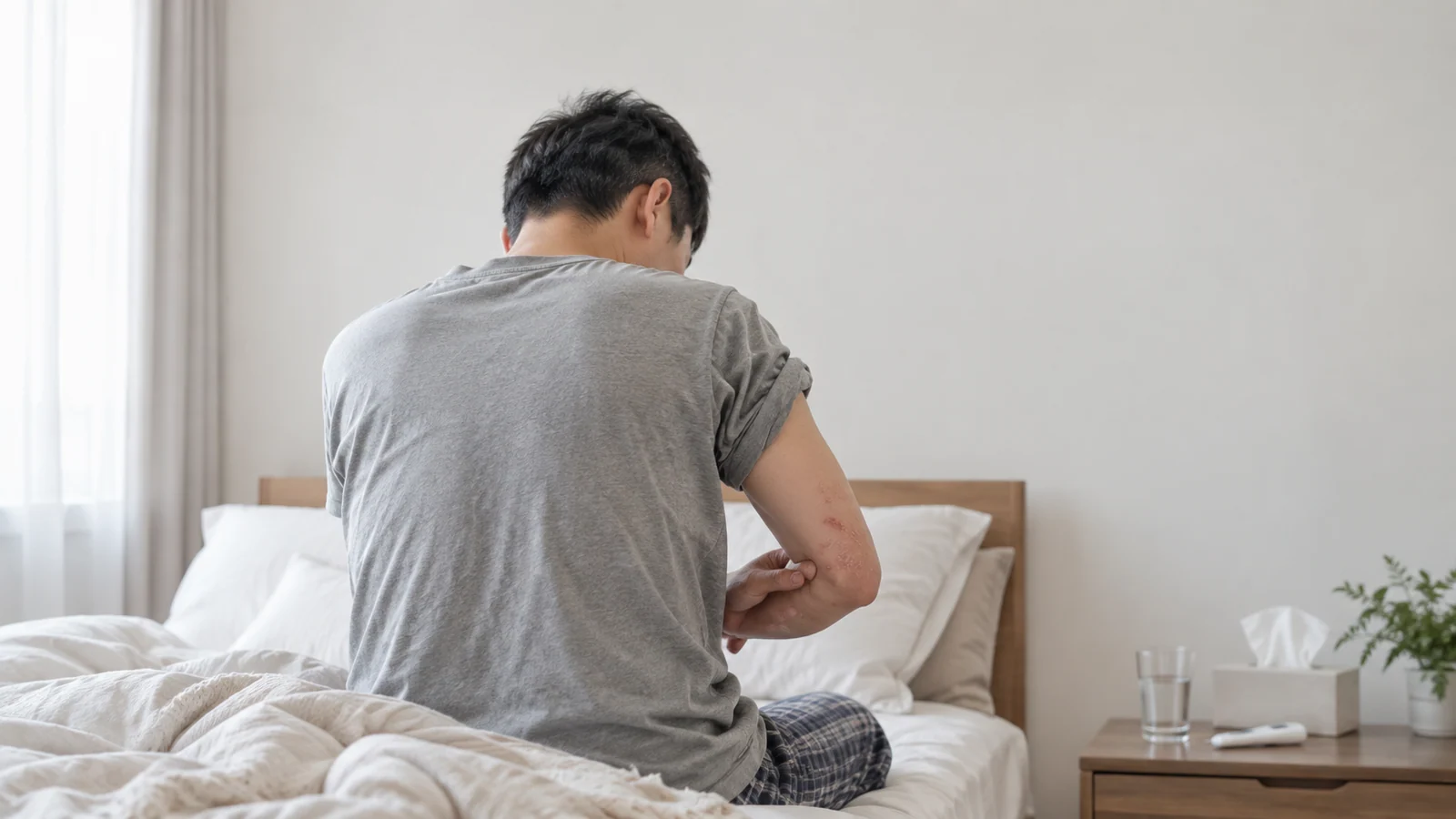 감기를 앓은 뒤 팔꿈치의 건선 병변을 살피는 남성의 뒷모습과 협탁 위 체온계
