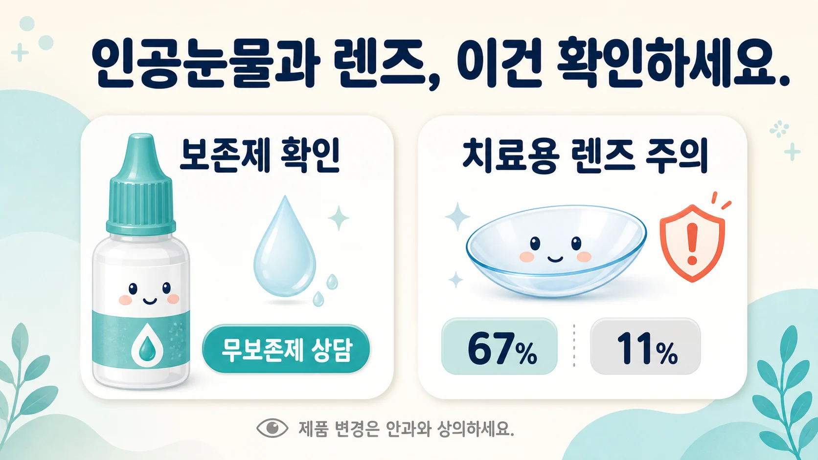 치료용 콘택트렌즈와 점안제 보존제가 눈 충혈과 감염 위험을 높일 수 있음을 설명하는 이미지