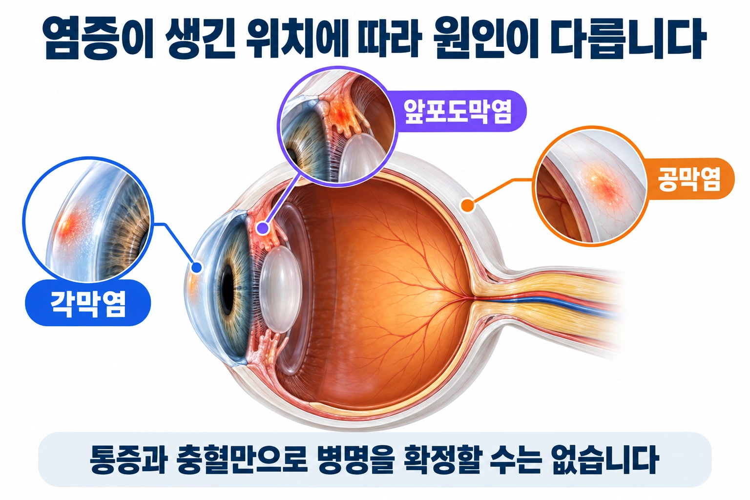 각막염, 앞포도막염, 공막염이 생기는 서로 다른 해부학적 위치