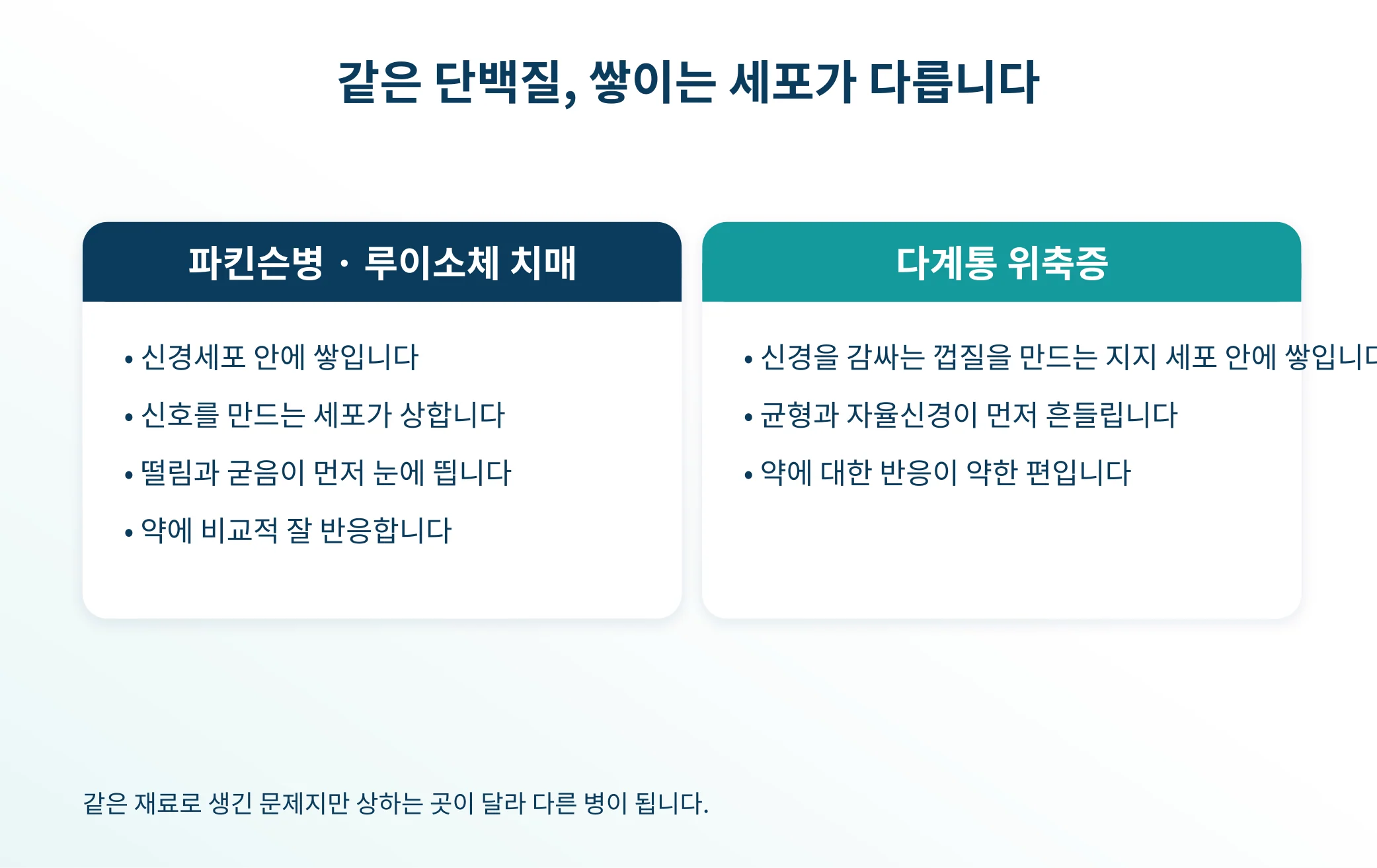 같은 단백질이 다른 세포에 쌓이면 다른 병이 됩니다