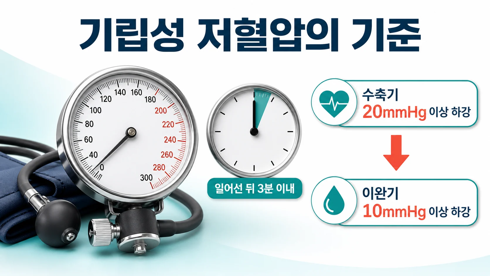 일어선 뒤 3분 안에 혈압이 떨어지는 기립성 저혈압의 기준을 나타낸 도식