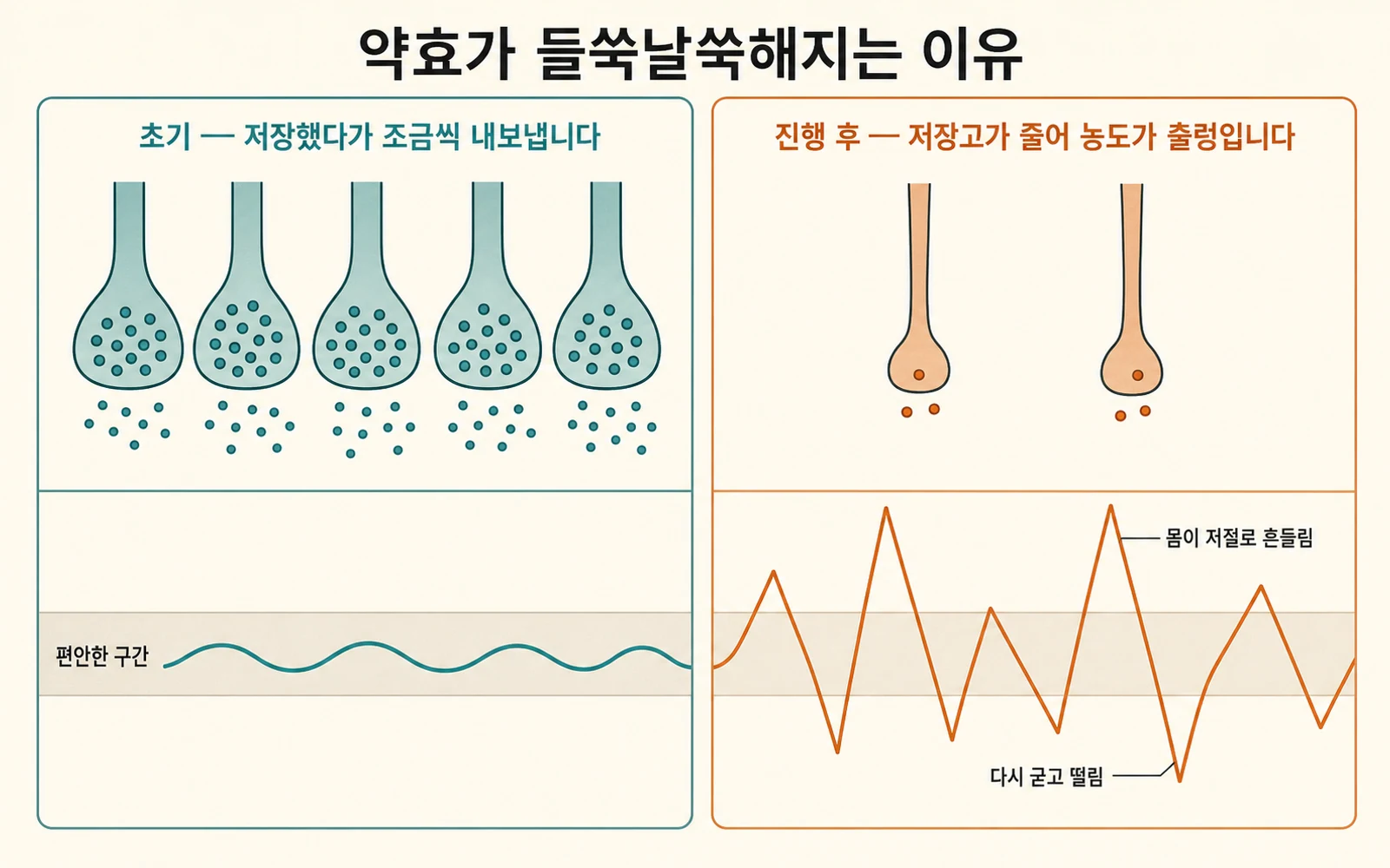 약효가 들쑥날쑥해지는 이유 — 도파민 저장고의 변화