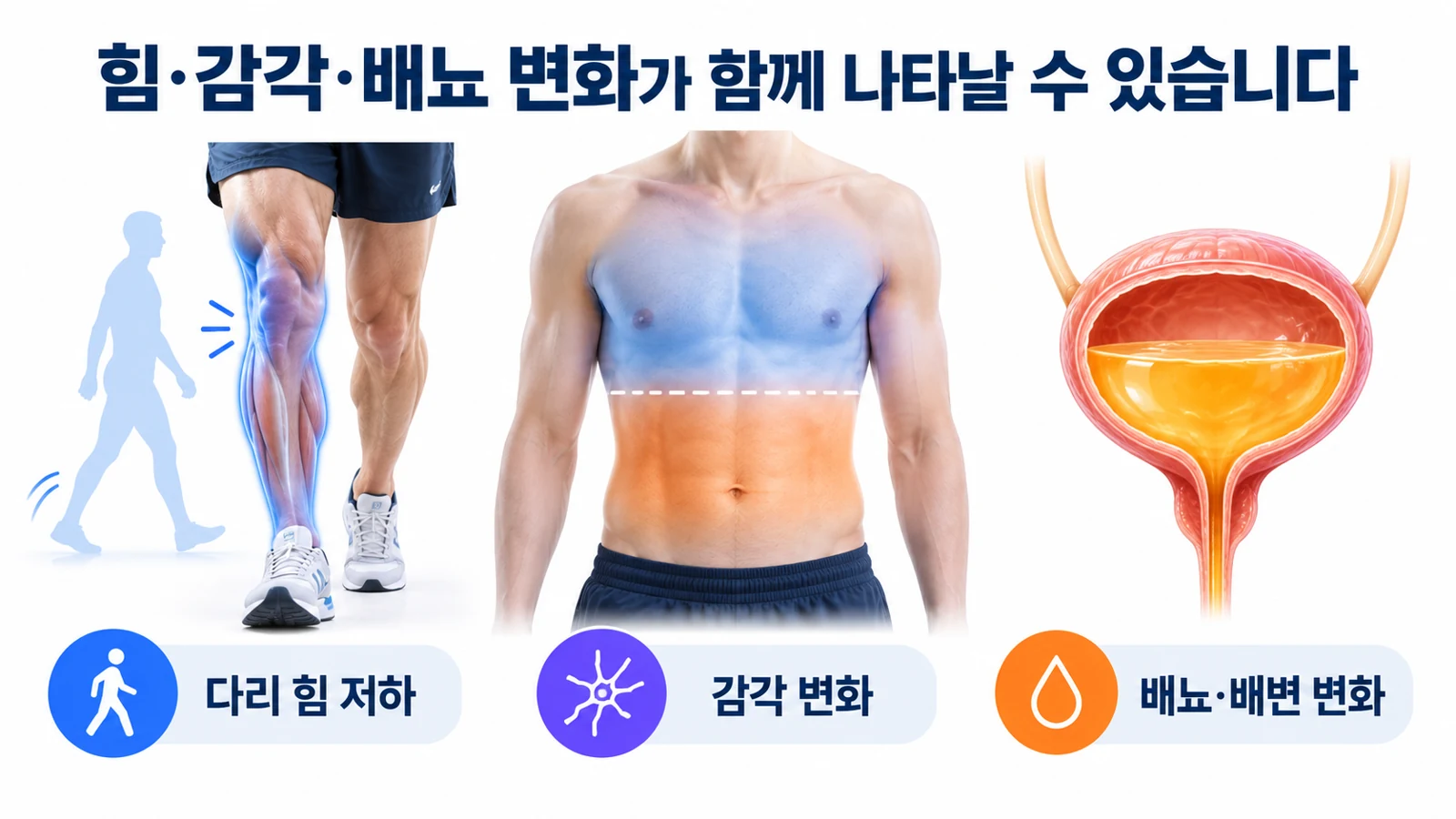 다리 힘 저하와 감각 변화 및 배뇨 배변 변화를 나란히 설명한 증상 그림