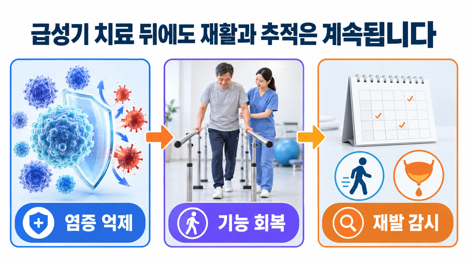 염증 억제와 기능 회복 및 재발 감시를 연속적인 관리 과정으로 설명한 그림