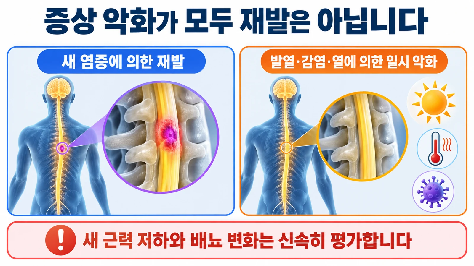 새 염증에 의한 재발과 발열 감염 열 노출에 따른 일시 악화를 나누어 설명한 그림