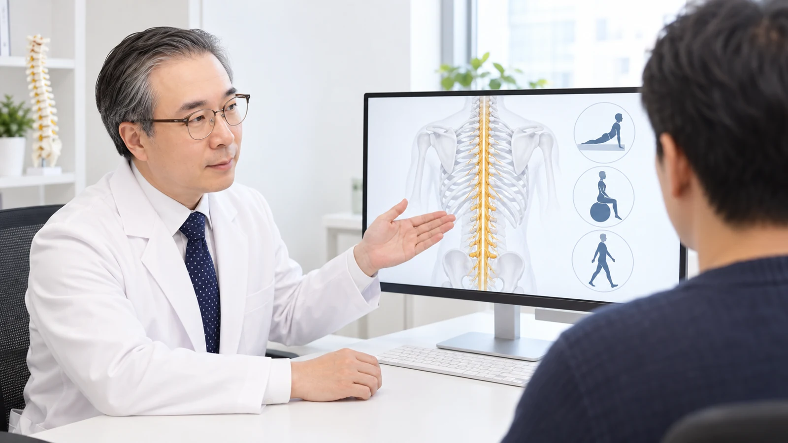박석민 원장이 진료실 모니터의 척수 모식도를 보며 회복 관리 내용을 설명하는 장면