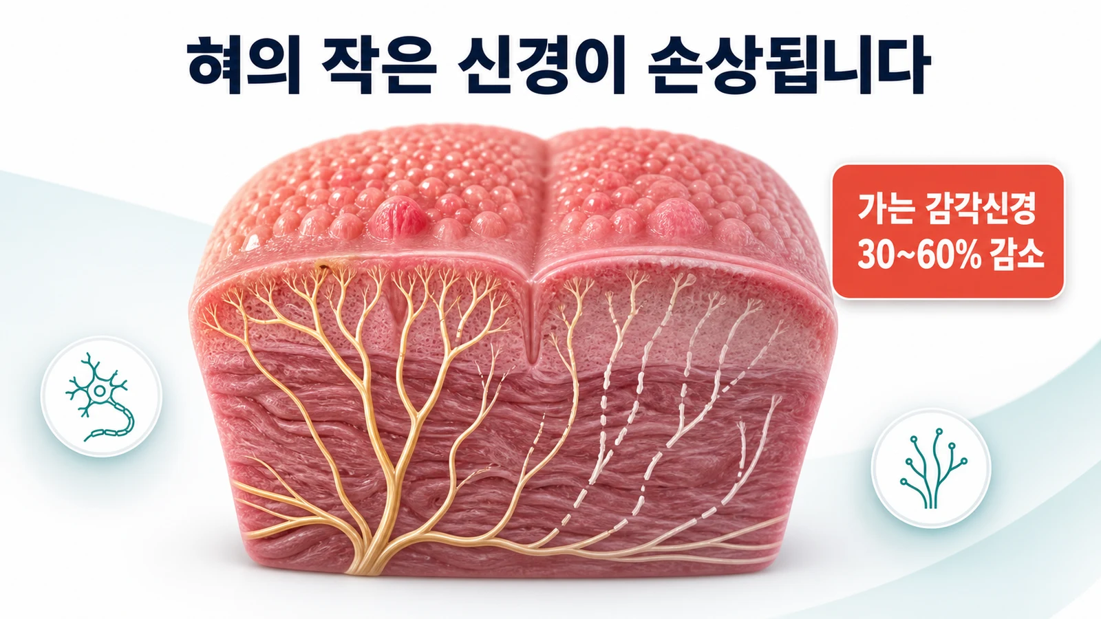 혀의 가는 감각신경 30～60% 감소