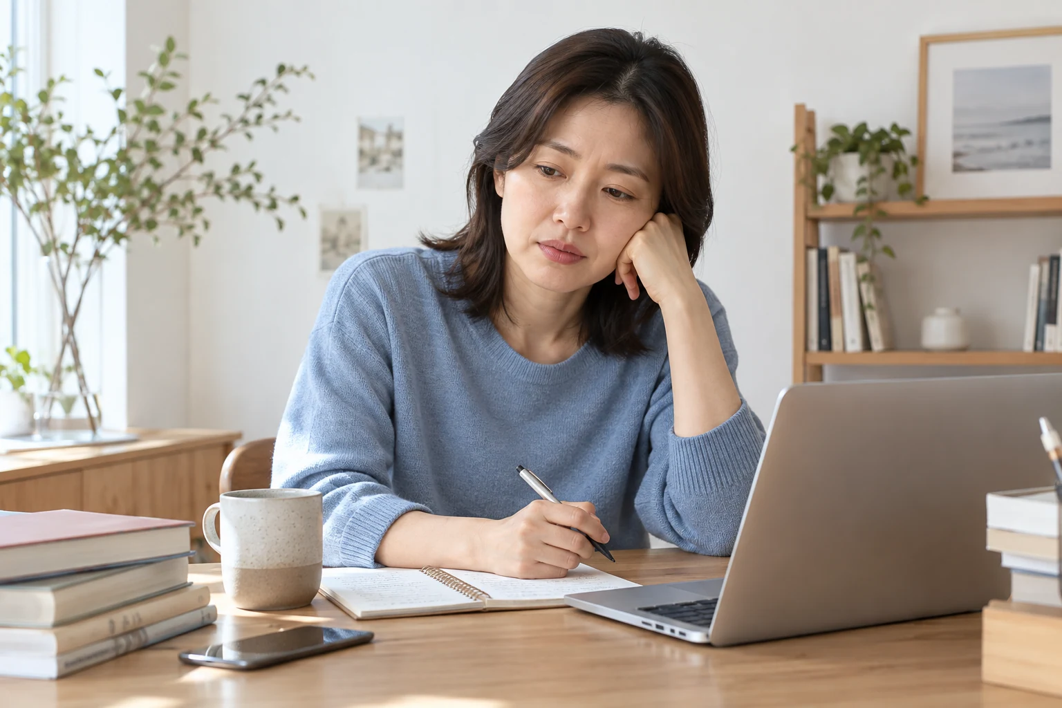 밝은 작업 공간에서 집중하기 어려워 잠시 생각을 정리하는 성인 여성