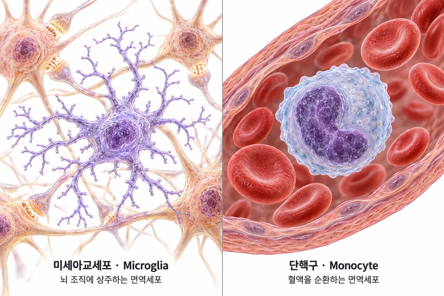 뇌 조직의 미세아교세포와 혈액 속 단핵구의 위치 및 형태 비교