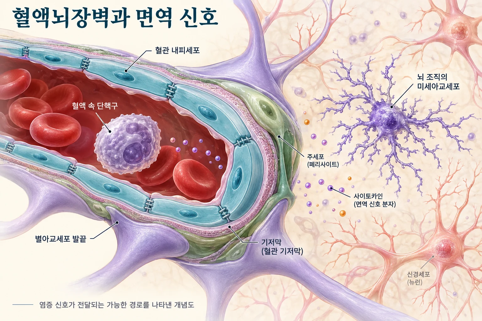 혈액뇌장벽의 내피세포와 주변 면역세포를 설명하는 정교한 신경혈관 단위 일러스트