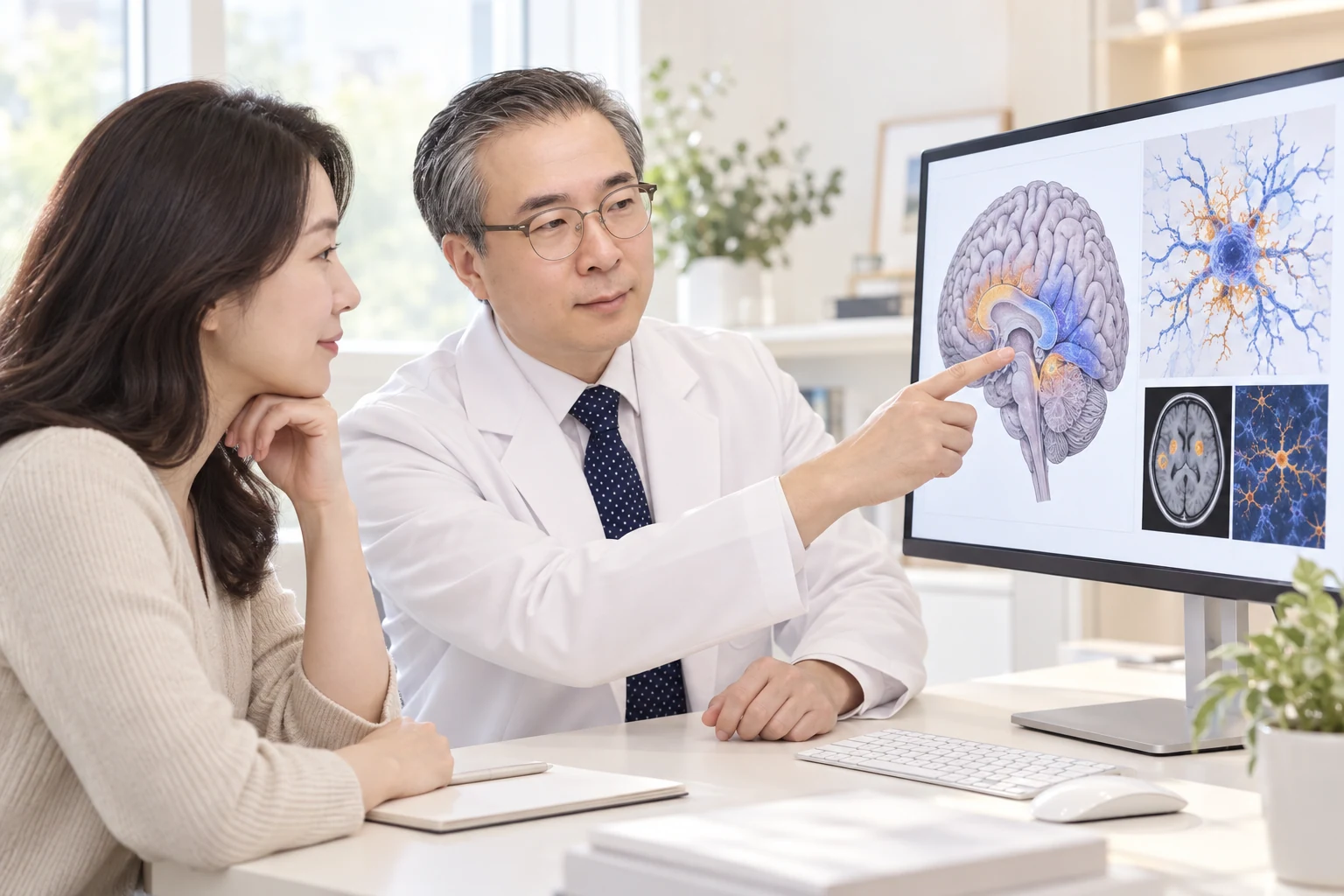 이레한의원 박석민 원장이 교육용 모니터로 뇌와 면역 신호를 설명하는 상담 장면