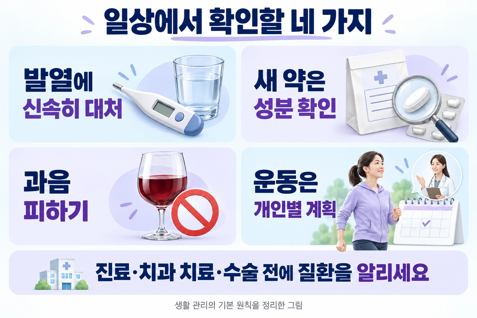 발열 대처, 약물 확인, 과음 피하기, 개인별 운동 계획의 네 가지 생활 관리 항목을 정리합니다.