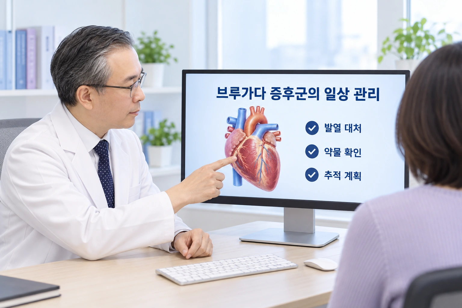 박석민 한의사가 진료실 모니터의 심장 그림을 가리키며 발열 대처, 약물 확인, 추적 계획을 설명합니다.