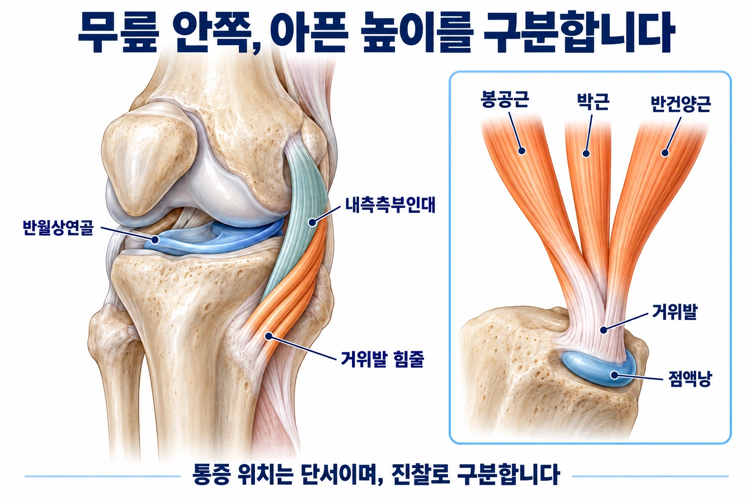 반월상연골 내측측부인대 거위발 힘줄과 점액낭의 위치를 비교한 해부 모식도