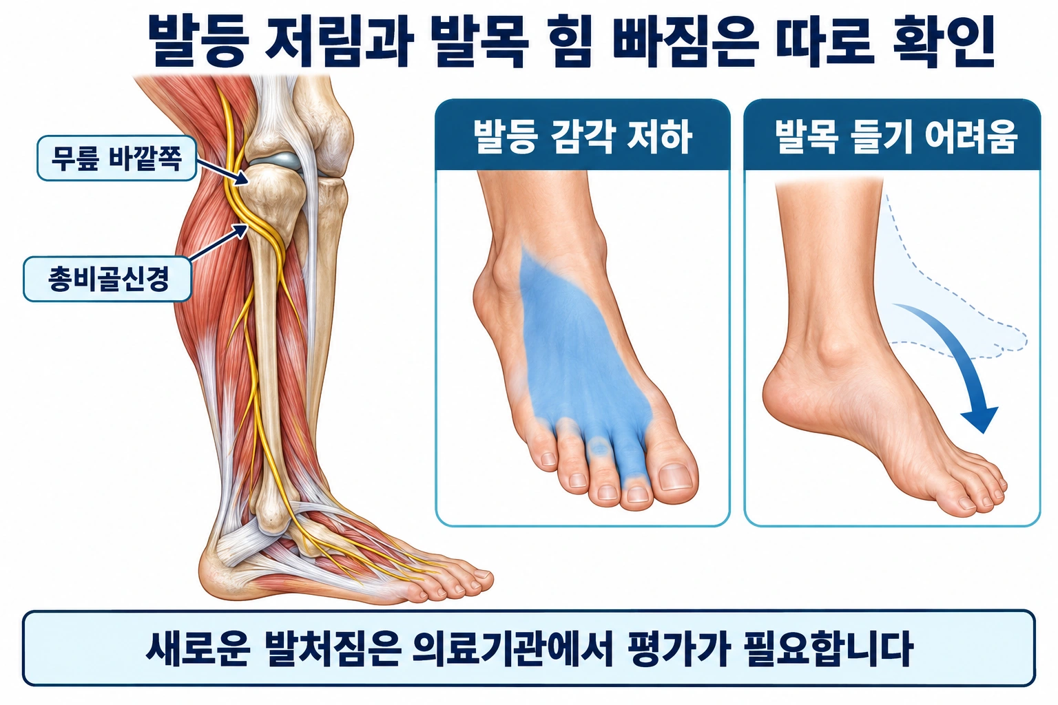 총비골신경이 지나는 무릎 바깥쪽과 발등 감각 저하 발목 들기 어려움을 설명한 그림