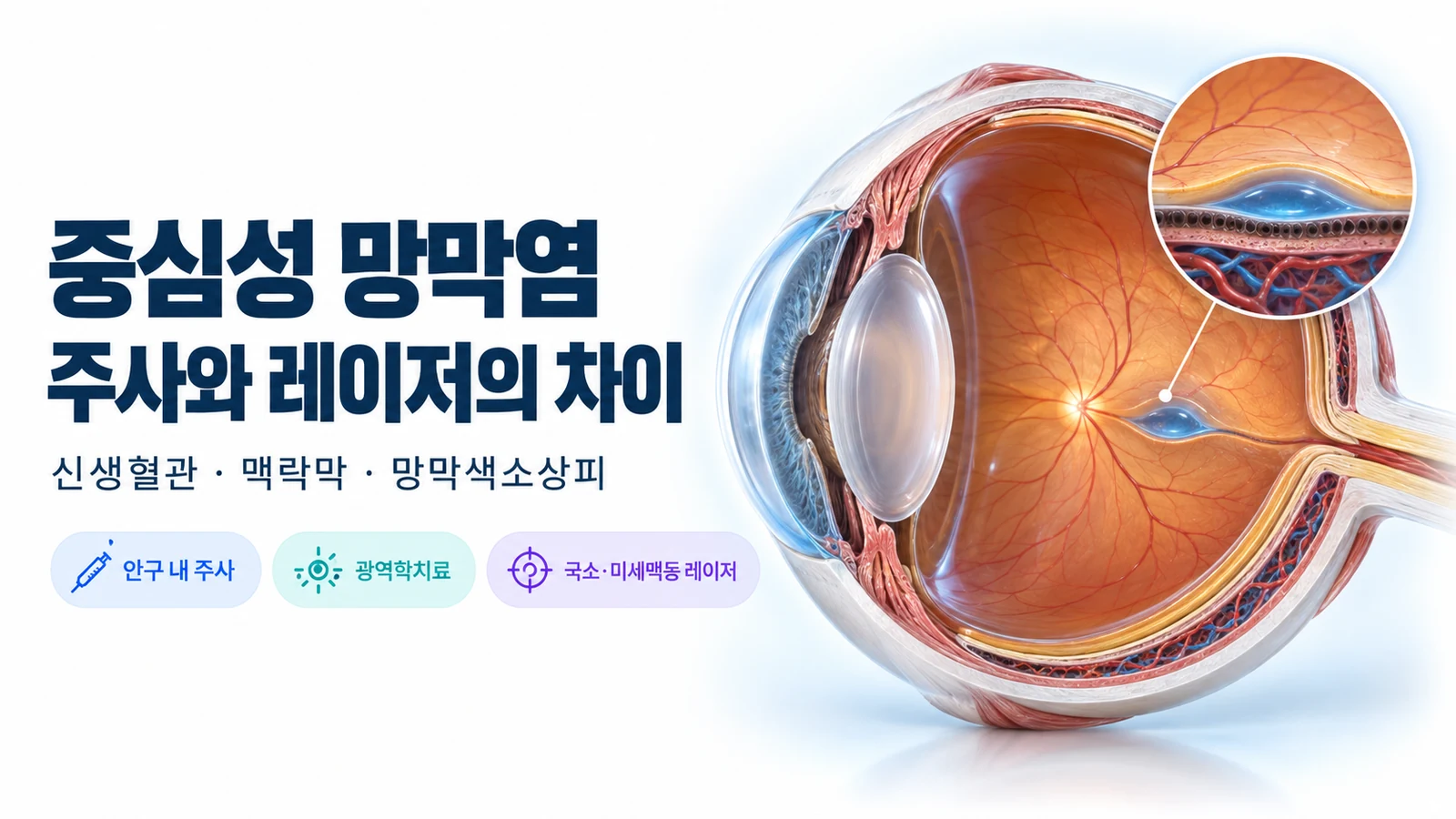 CSC 주사와 레이저의 치료 표적을 소개하는 눈의 교육용 일러스트