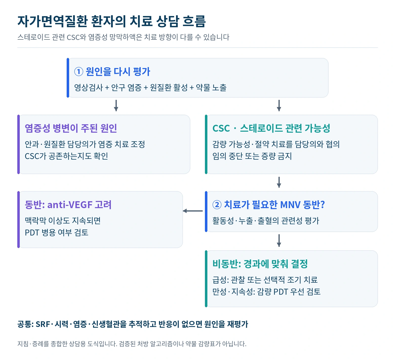 자가면역질환 환자의 망막하액 원인 감별과 CSC 치료 선택을 정리한 알고리즘