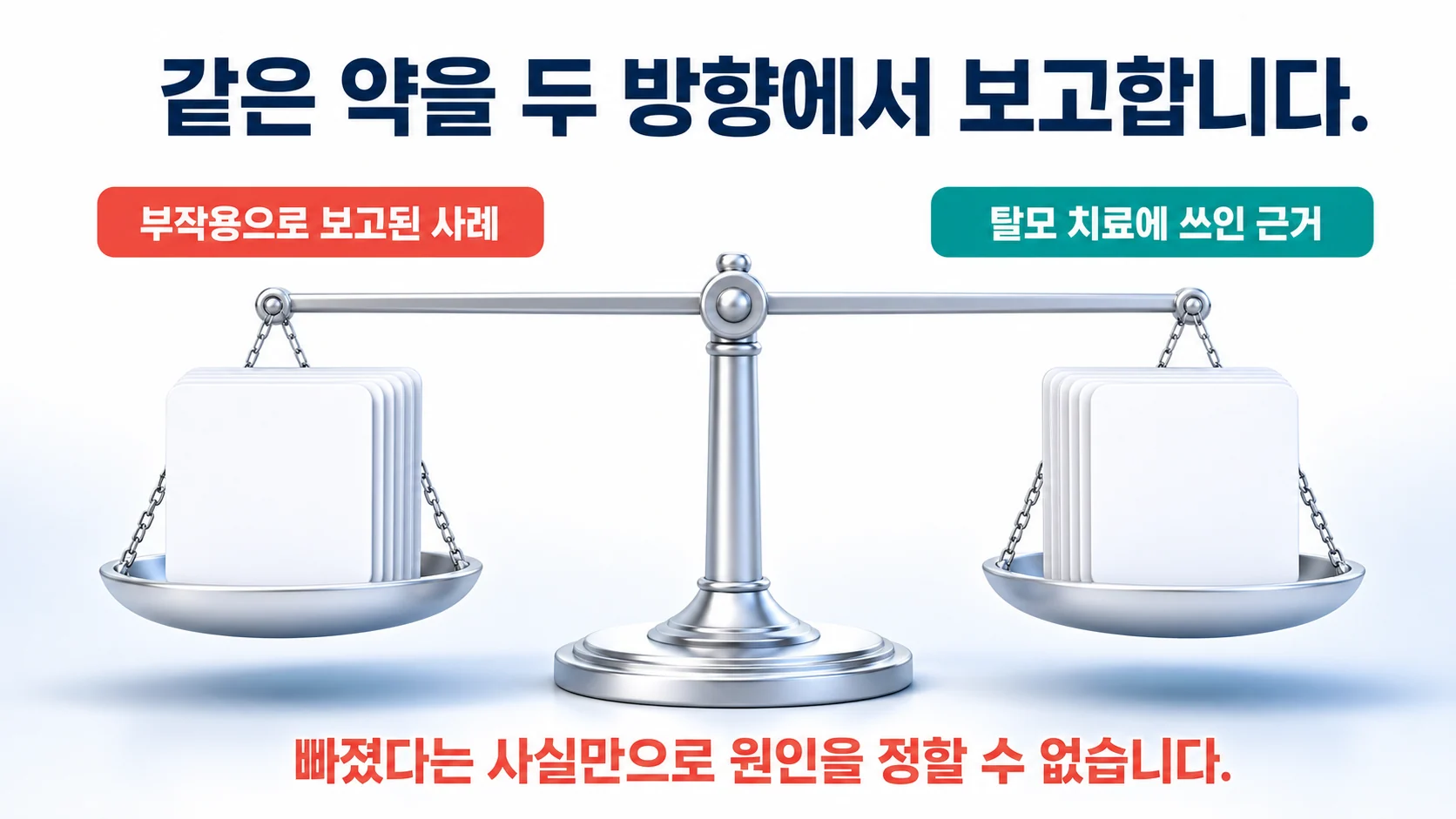 같은 약이 탈모를 일으킨다는 보고와 탈모를 치료하는 데 쓰인다는 보고가 함께 있는 상황을 나타낸 도식