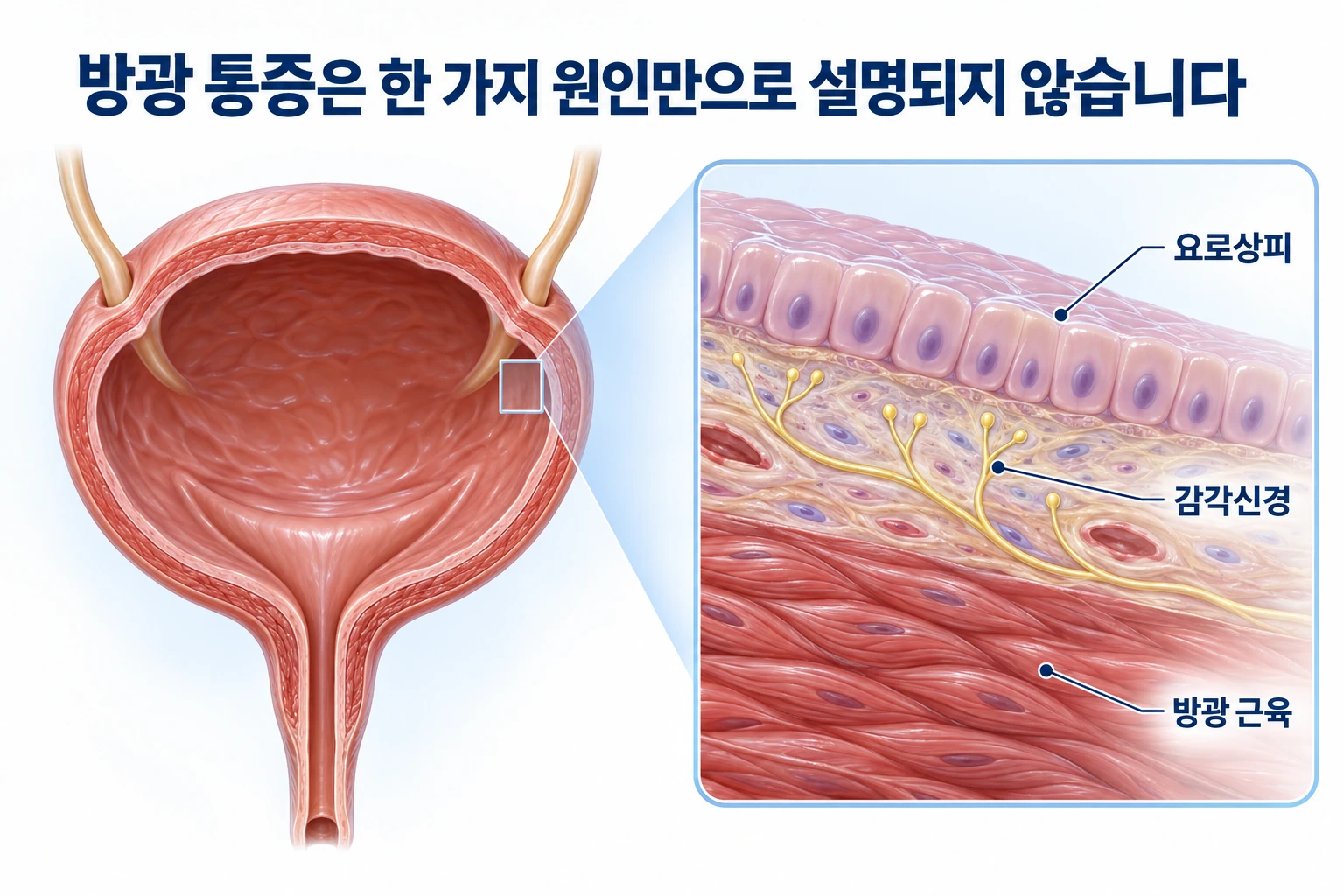 방광의 요로상피 감각신경 방광 근육을 보여주는 단순화한 해부 설명도
