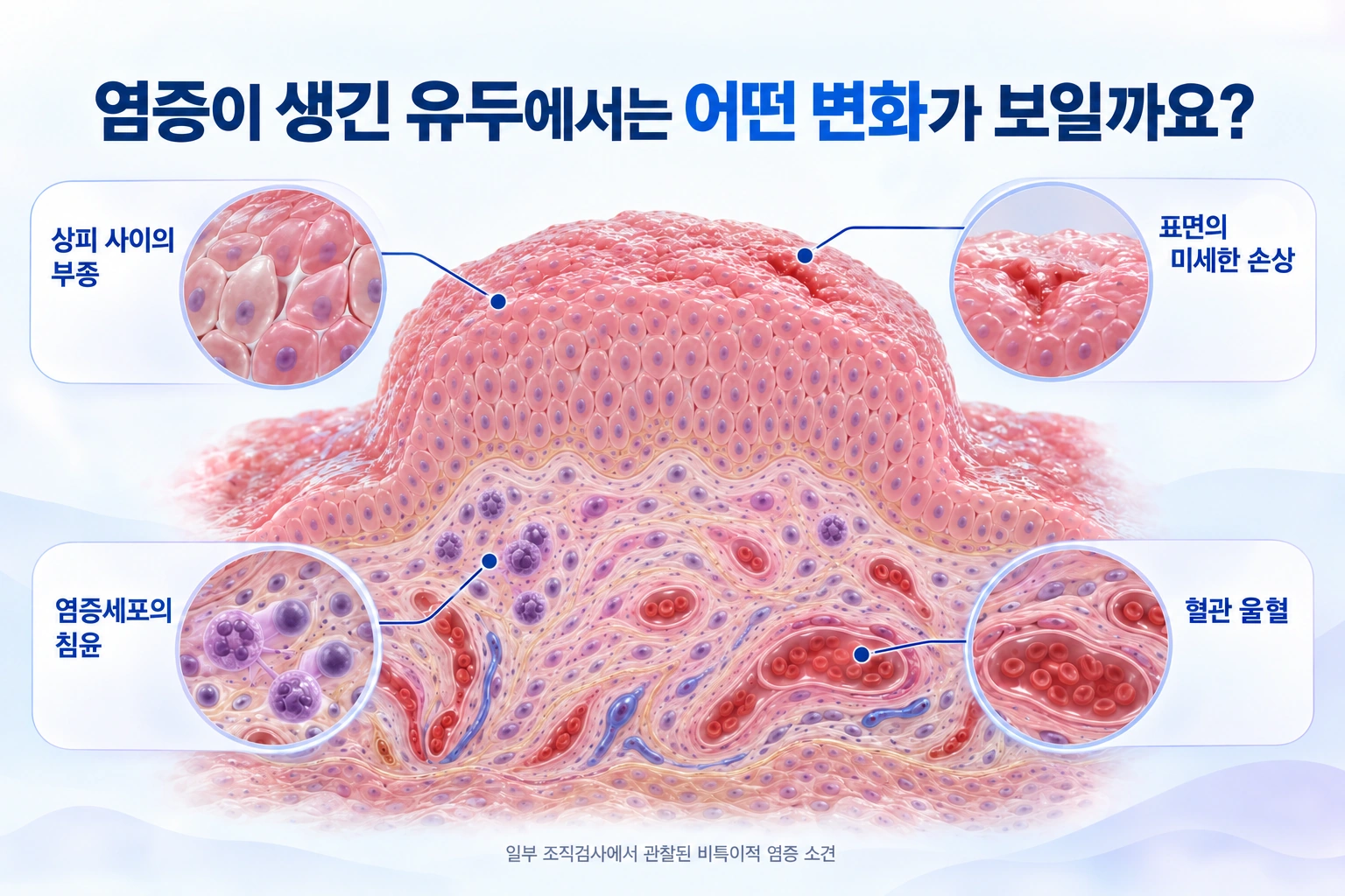 상피의 부종과 염증세포 침윤, 혈관 울혈, 표면의 미세한 손상을 설명한 조직 모식도입니다.