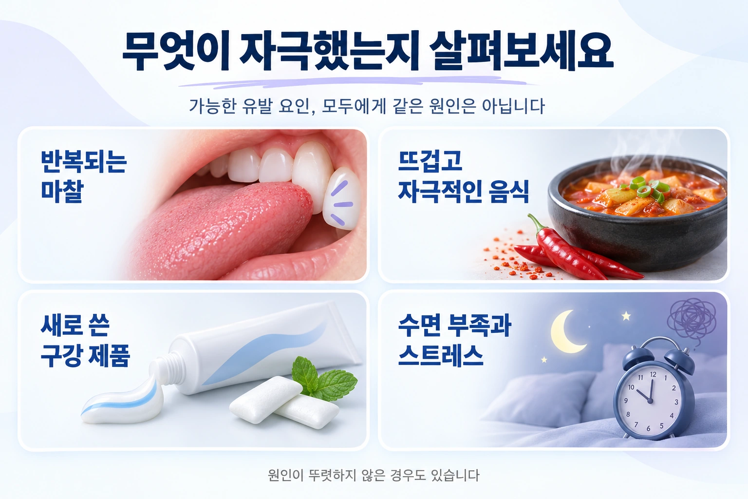 반복되는 마찰, 자극적인 음식, 구강 제품과 수면 부족 등 가능한 유발 요인을 정리했습니다.