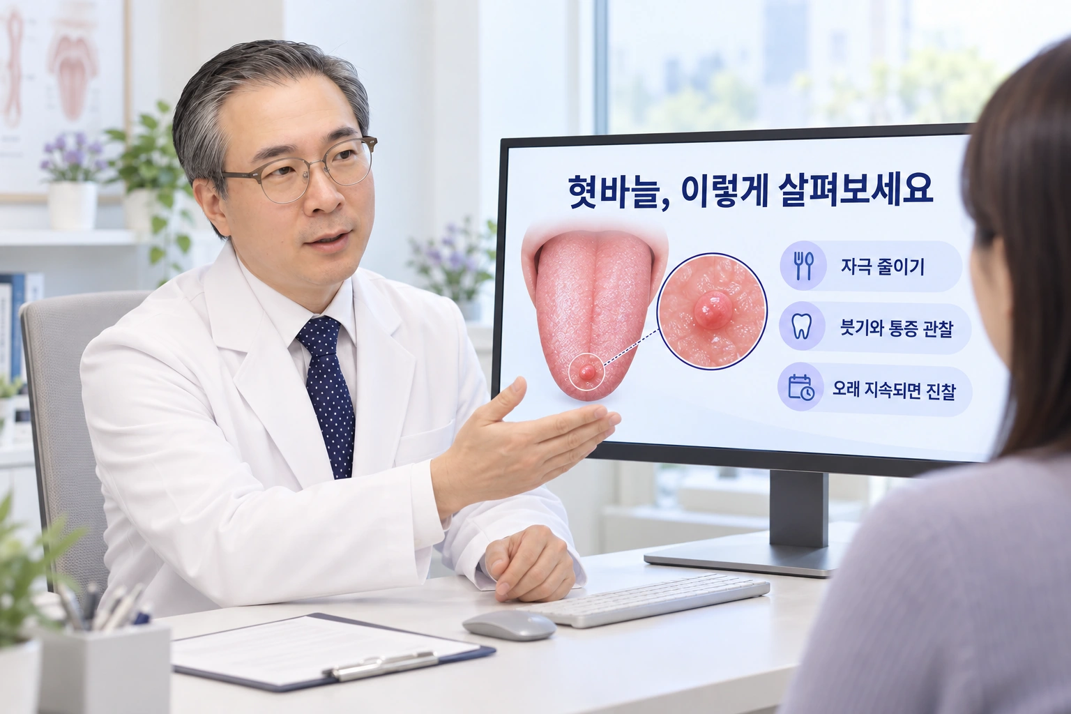 박석민 한의사가 모니터의 설유두 그림을 가리키며 환자에게 자극을 줄이는 방법과 회복 경과를 설명합니다.