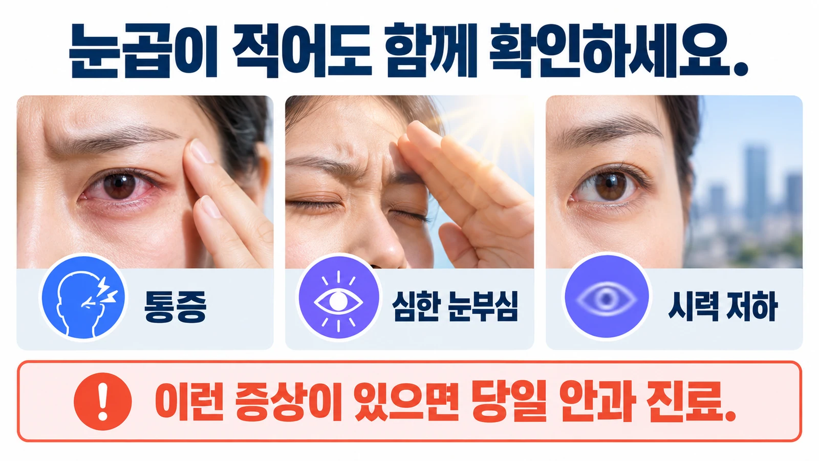 눈곱의 양과 관계없이 통증, 심한 눈부심, 시력 저하가 있으면 당일 안과 진료가 필요하다는 설명