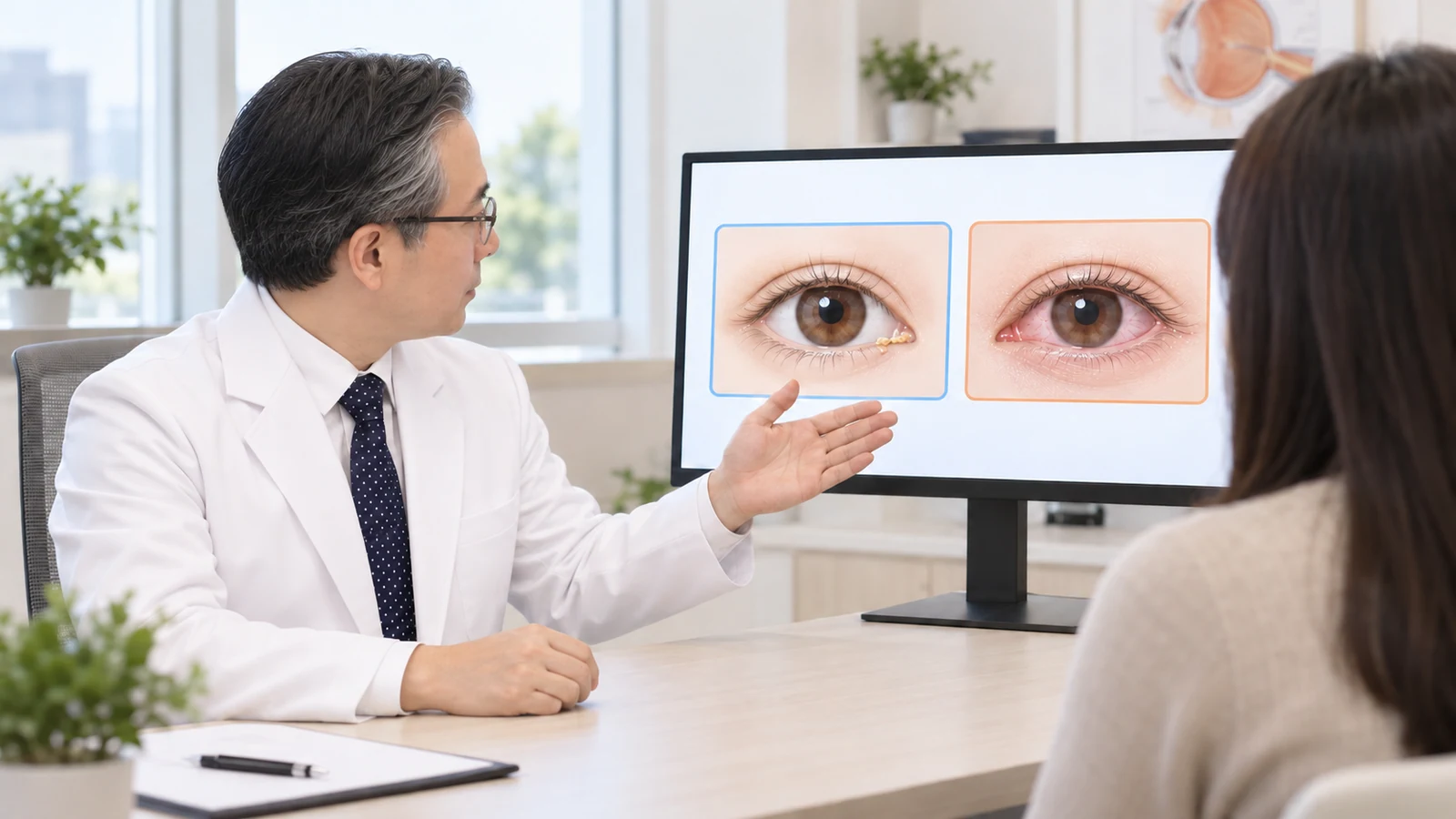 박석민 원장이 모니터의 눈 그림을 보며 아침 분비물과 진료가 필요한 동반 증상을 설명하는 장면