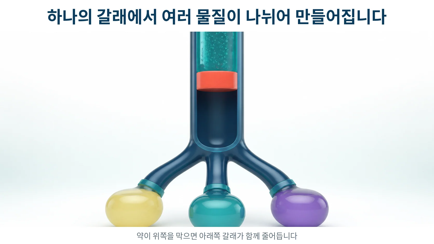 하나의 굵은 줄기에서 세 갈래로 나뉘는 대사 경로를 그리고 줄기 윗부분이 막힌 모습을 보여 주는 그림