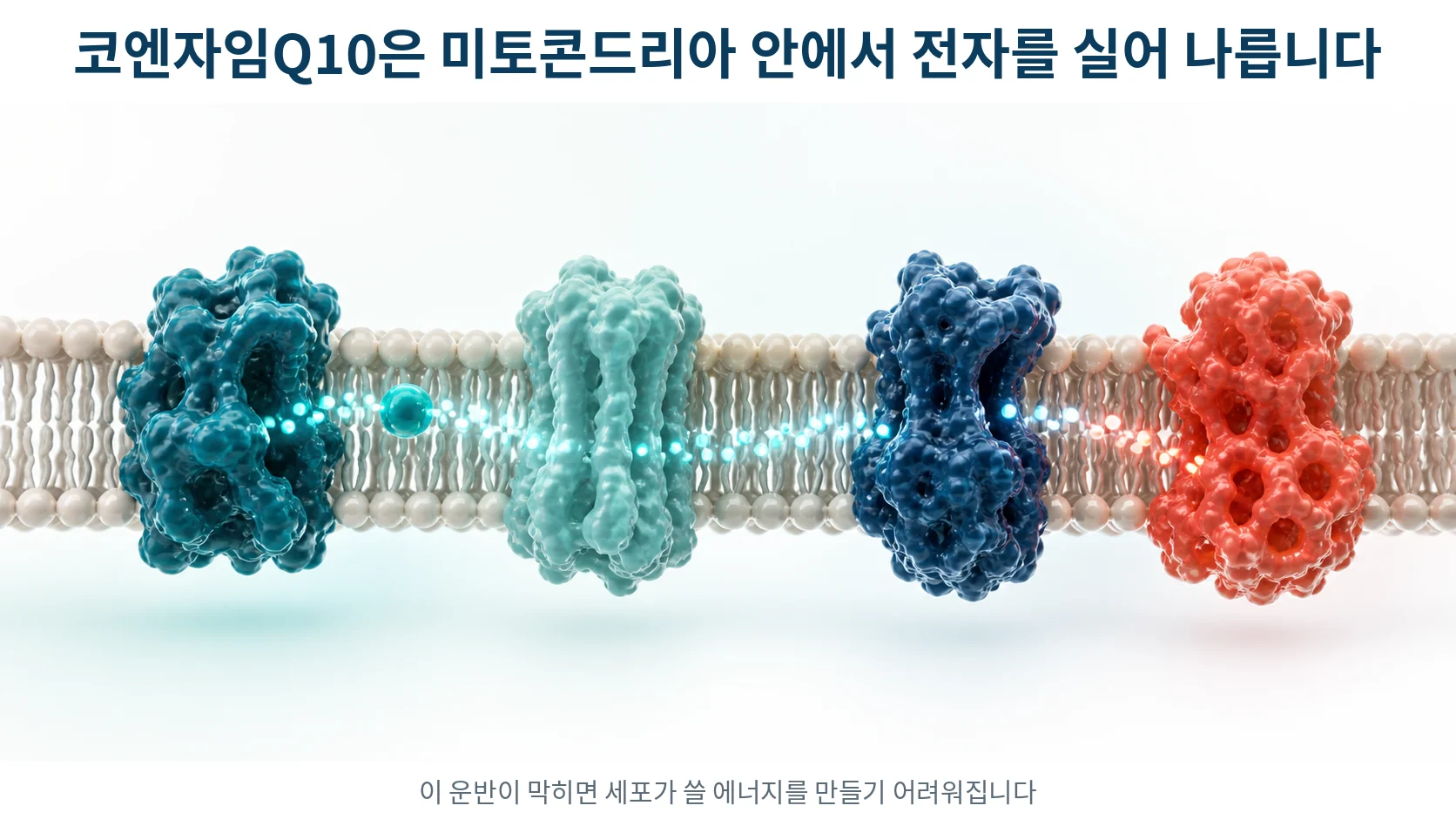 미토콘드리아 내막에 늘어선 복합체들 사이를 작은 운반체가 오가며 전자를 전달하는 모습을 그린 확대 그림