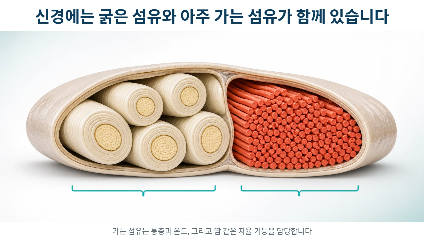 굵고 수초에 싸인 신경섬유와 수초가 없는 가느다란 신경섬유를 나란히 확대해 비교한 단면 그림